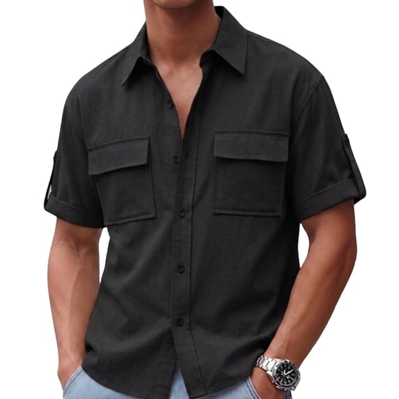 USNSM (M-5XL) Mens Button Down Short Sleeve Shirt Big and Tall Short Sleeve Dress Shirts for Men Untucked Beach Shirt Summer Tops with Two Pockets Black XXL