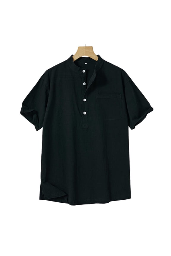 (M-5XL) Plus Size Button Up Henley Shirts Short Sleeve Lightweight Summer Cotton Dress T Shirt Tees Tops One Pocket Black M