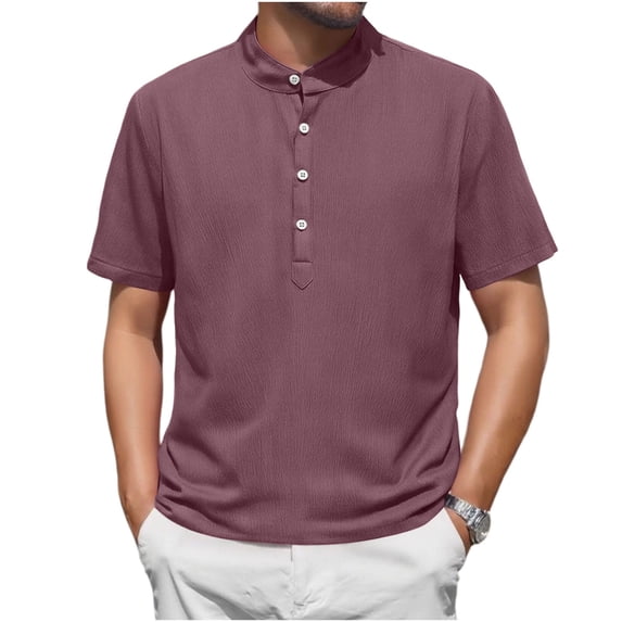 USNSM (M-5XL) Plus Size Henley Shirts for Men Short Sleeve Cotton Linen T-Shirts Button Collared Shirt Casual Stylish Basic Tees Purple XXXXL