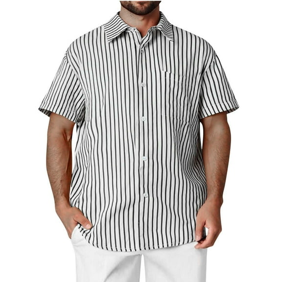 USNSM (M-5XL) Plus Size Men's Casual Button Down Shirts Short Sleeve Striped Cotton Beach Summer Vacation Shirt Black M