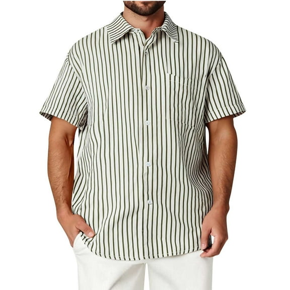 USNSM (M-5XL) Plus Size Men's Casual Button Down Shirts Short Sleeve Striped Cotton Beach Summer Vacation Shirt Green XXXXL