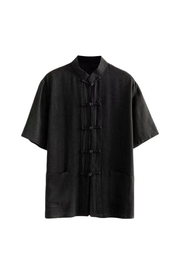 (M-5XL) Plus Size Men's Chinese Kung-Fu Shirts Cotton Linen Short Sleeve Frog-Buttons Traditional Tang-Suit Martial Art Tops Black XXXXL