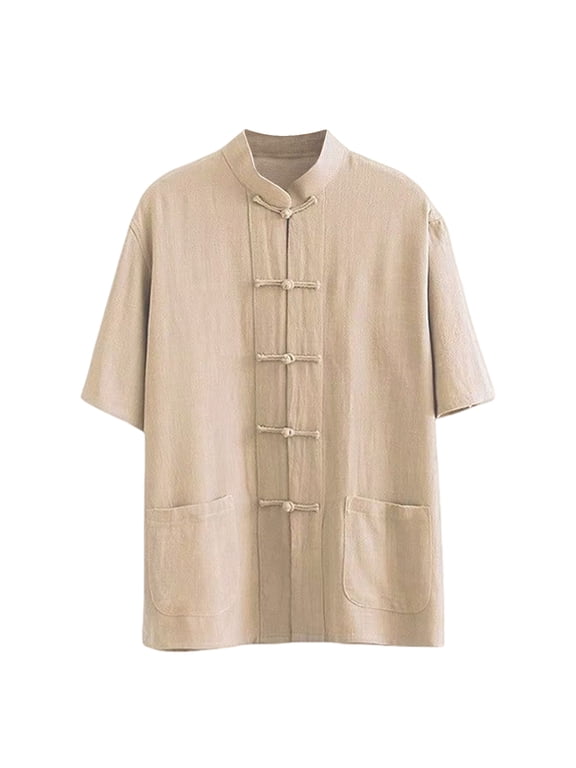 (M-5XL) Plus Size Men's Chinese Kung-Fu Shirts Cotton Linen Short Sleeve Frog-Buttons Traditional Tang-Suit Martial Art Tops Yellow M
