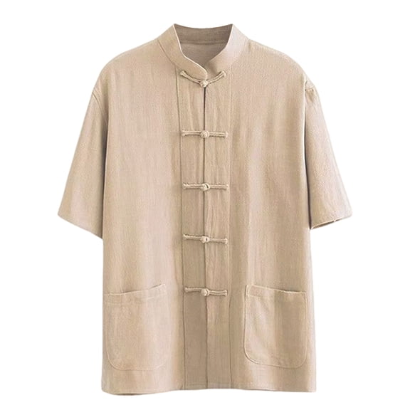 USNSM (M-5XL) Plus Size Men's Chinese Kung-Fu Shirts Cotton Linen Short Sleeve Frog-Buttons Traditional Tang-Suit Martial Art Tops Yellow M
