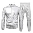 thumbnail image 1 of USNSM (M-5XL) Plus Size Men's Metallic Jacket and Pants Set Jacket Shiny Pants Zipper Pocket Long Sleeve Stand-up Collar Set for Disco Party Silver XXL, 1 of 8