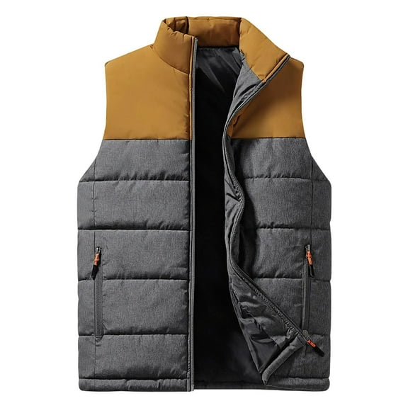 USNSM (M-5XL) Plus Size Men's Puffer Vest Casual Stand Collar Quilted Waistcoat Outdoor Padded Vest Jacket Coat Brown XXXXL