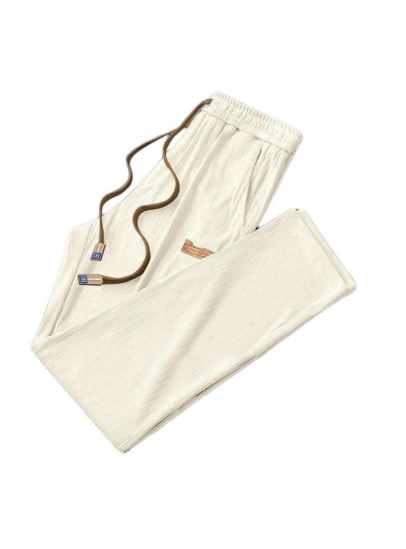 (M-5XL) Plus Size Men's and Women's Models Ice Silk Solid Color Elastic Waist with Pockets Sweatpants Straight Pants Beige XXL