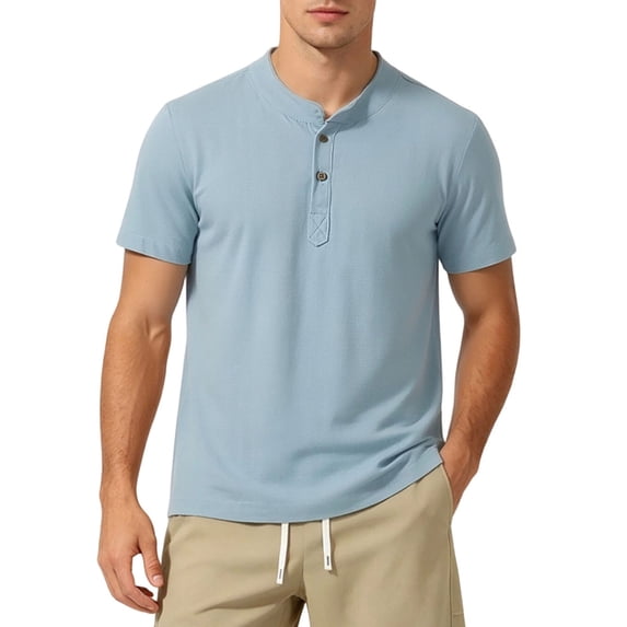 USNSM (M-5XL) Plus Size Mens Henley Shirts Short Sleeve Cotton Casual Summer Basic T-Shirts Button Solid Collarless Shirts for Work Blue XXL
