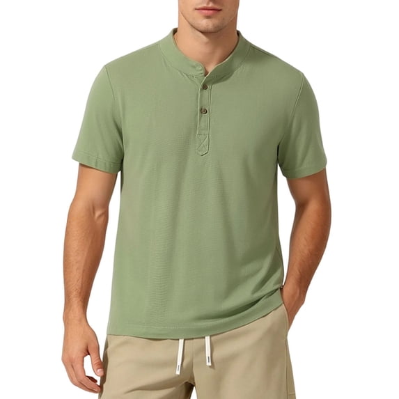 USNSM (M-5XL) Plus Size Mens Henley Shirts Short Sleeve Cotton Casual Summer Basic T-Shirts Button Solid Collarless Shirts for Work Green XXXXL