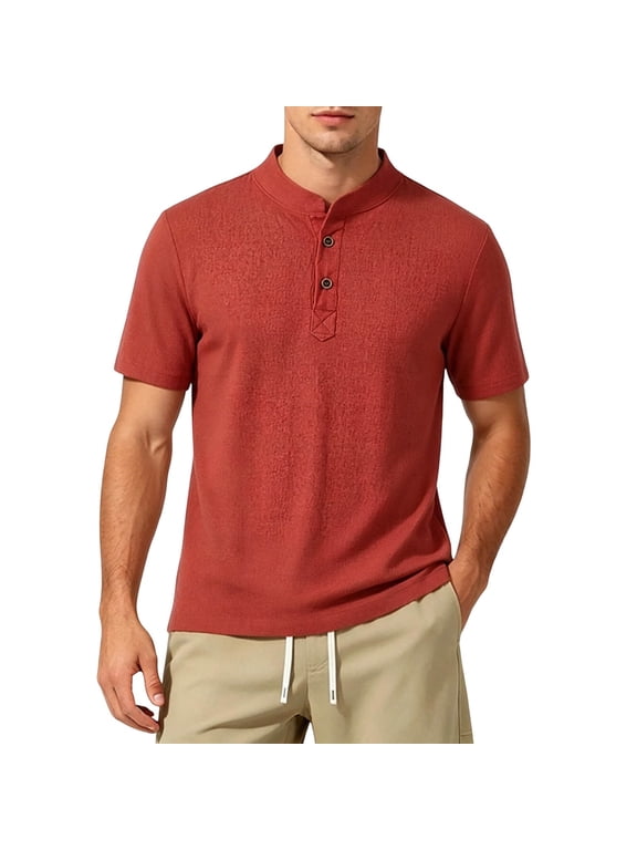 (M-5XL) Plus Size Mens Henley Shirts Short Sleeve Cotton Casual Summer Basic T-Shirts Button Solid Collarless Shirts for Work Red XL