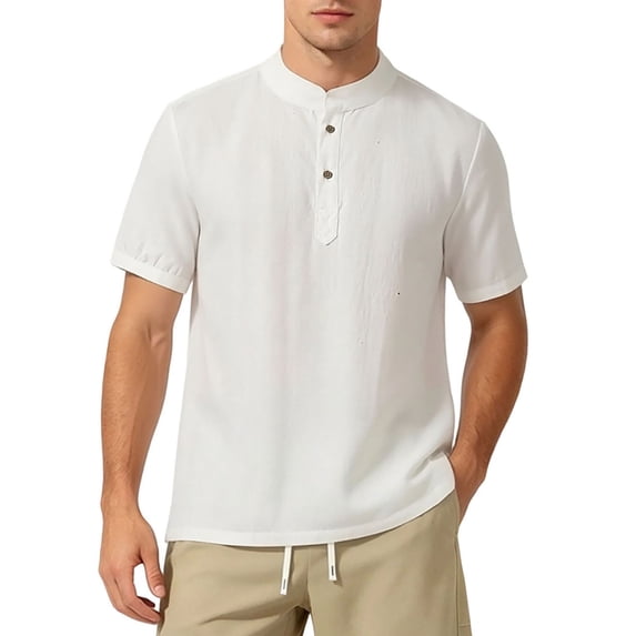 USNSM (M-5XL) Plus Size Mens Henley Shirts Short Sleeve Cotton Casual Summer Basic T-Shirts Button Solid Collarless Shirts for Work White XL