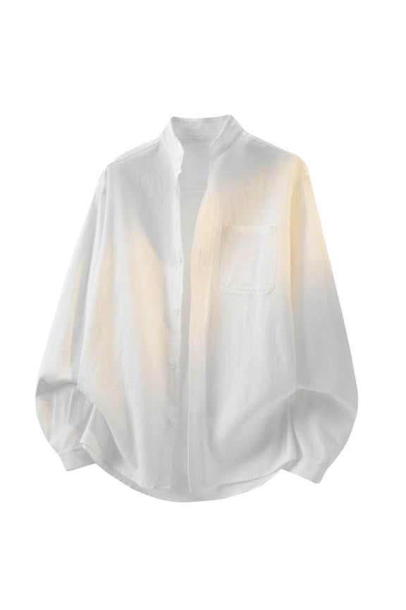 (M-5XL) Plus Size Mens Long Sleeve Band Collar Button Down Shirt Summer Casual Solid Color Pocket Cardigan Jacket Tops White L