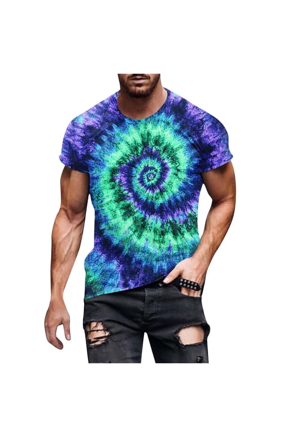 (M-5XL) Plus Size Tie-Dye Shirts for Men, Short Sleeve Round Neck Pullover Shirt, Rainbow Printing T-Shirts Tee Blue M