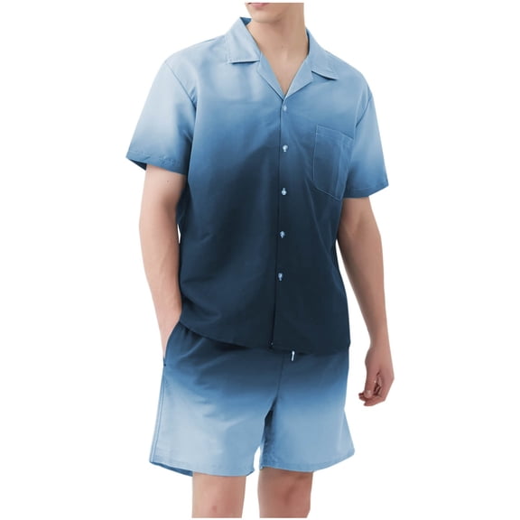 USNSM Man Gradient Casual Hawaiian Shirt and Quick Dry Beach Shorts 2 Piece Vacation Outfits Sets Casual Button Down Suits Blue S