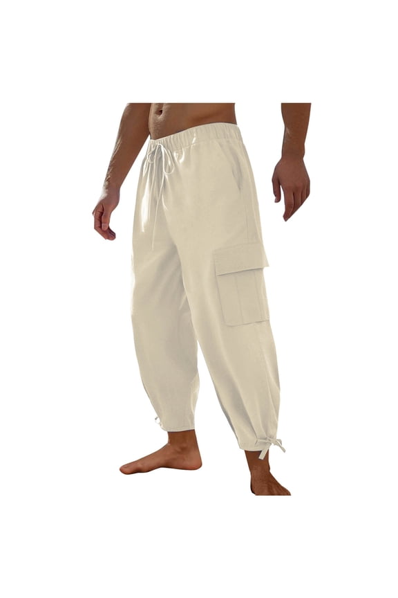Mans Cotton Linen Pants Solid Color Loose Casual Large-Pocket Cotton-Linen Elastic-Waist Drawstring Full Length Pants Yellow M