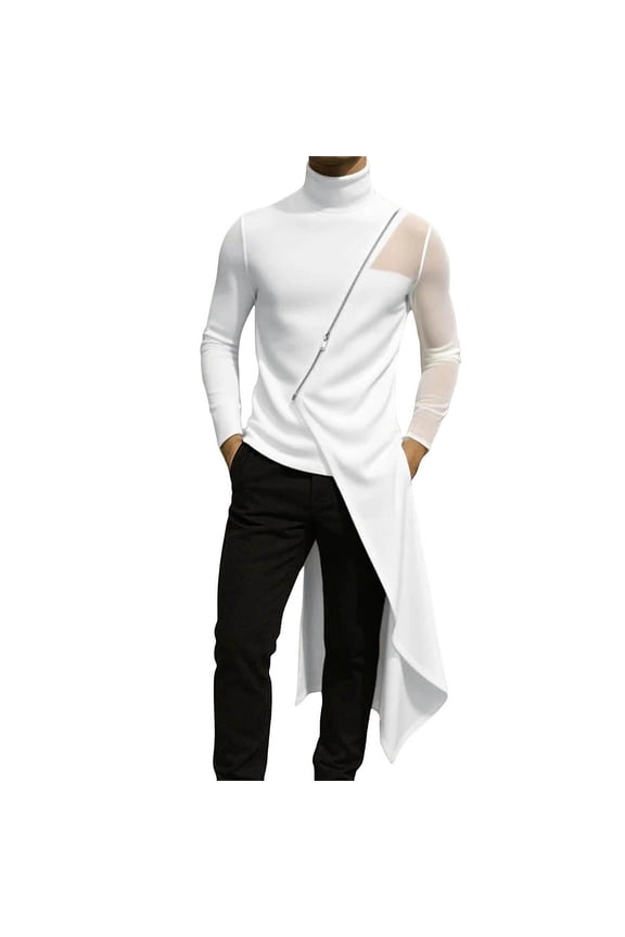 Men Asymmetrical Long Side Split Long Sleeve T-Shirt Vintage Solid Color High Neck Tops Stretch Casual Shirts Clothes White L