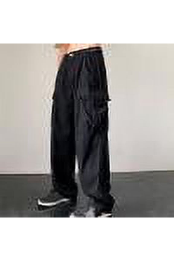 Men Cargo Pants Baggy Y2K Clothing Multi Pockets High Waist Loose Straight Leg Pants Vintage Casual Aesthetic Clothes Black M