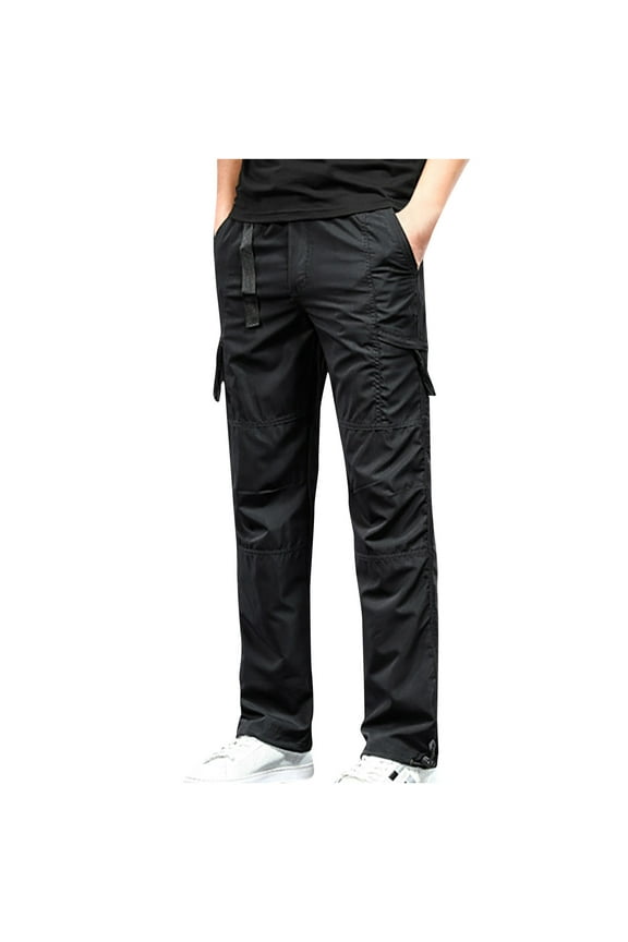 Men Cargo Pants Elastic Waisted Outdoor Hiking Trouser Straight Leg Summer Lounge Baggy Bottons with Multi Pocket Black M
