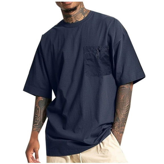 USNSM Men Oversized T-Shirts Pocket Short Sleeve Solid Color Heavy Cotton Vintage Tops Loose Fit Casual Basic Unisex Tee Blue M