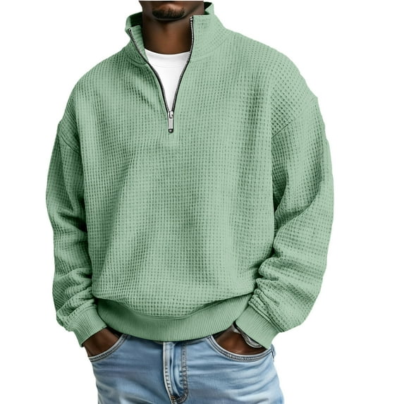 USNSM Men Quarter Zip Pullover Sweaters Casual Stand Collar Thermal Long Sleeve Waffle Sweatshirt Spring Fall Fashion Sweater Green M
