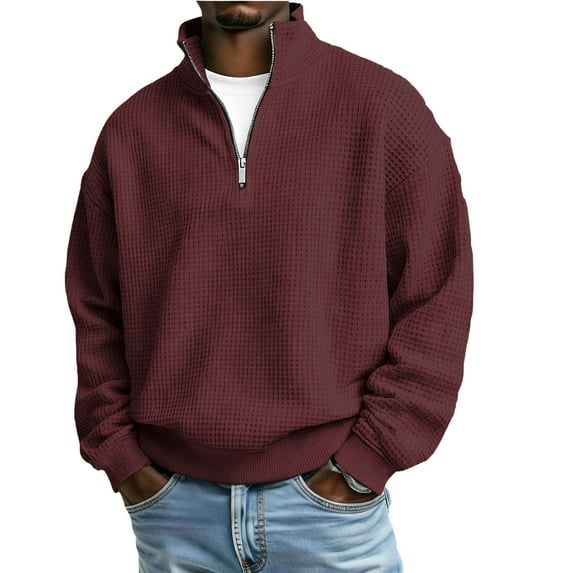 USNSM Men Quarter Zip Pullover Sweaters Casual Stand Collar Thermal Long Sleeve Waffle Sweatshirt Spring Fall Fashion Sweater Red XL