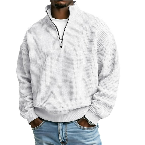 USNSM Men Quarter Zip Pullover Sweaters Casual Stand Collar Thermal Long Sleeve Waffle Sweatshirt Spring Fall Fashion Sweater White XXL