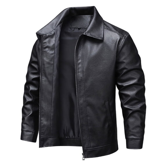 USNSM Men Solid Color Fashionable Zipper Pocket Windproof Warm Long Sleeve Hoodless Faux Leather Jacket Outerwear Black L