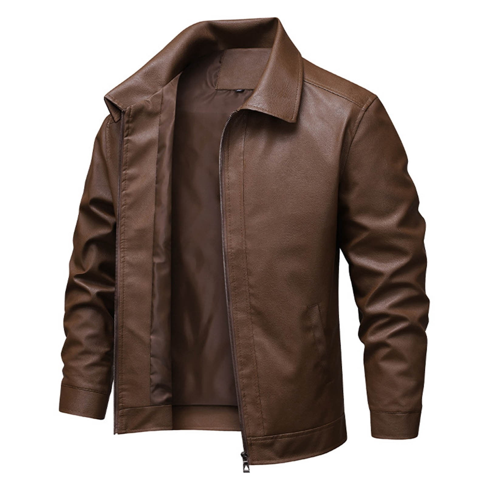 USNSM Men Solid Color Fashionable Zipper Pocket Windproof Warm Long Sleeve Hoodless Faux Leather Jacket Outerwear Brown L