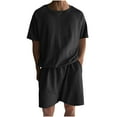 thumbnail image 1 of USNSM Men's 2 Piece Outfits Short Sleeve Waffle Knit Tracksuit Summer Soft Comfort Breathable Casual Shirt and Shorts Set Black S, 1 of 6