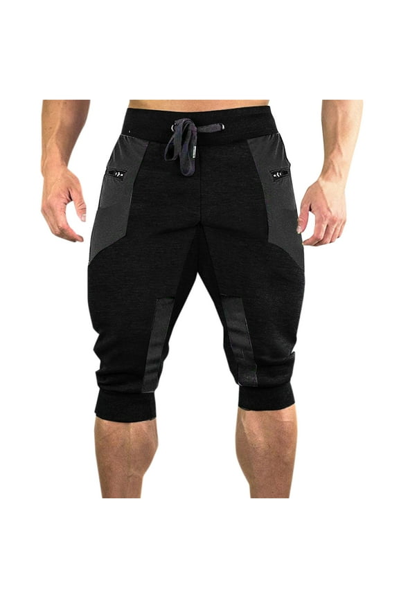Men's 3/4 Joggers Capri Pants High Waist Drawstring Casual Below Knee Short Pants Training Running Workout Gym Shorts Black L