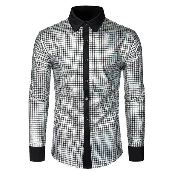 USNSM Men's 70s Shiny Trendy Fashion Disco Shirt Long Sleeve Lapel Button Down Party Nightclub Prom Sequins Tope Gray XL