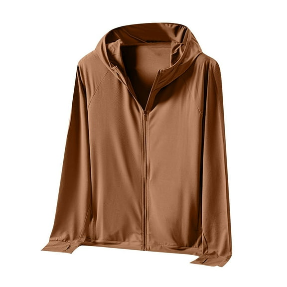 USNSM Men's Autumn and Winter Casual Solid Long Sleeve Zipper Closure With Pockets Outdoor Sunwear Hooded Jacket Coat Brown XXL
