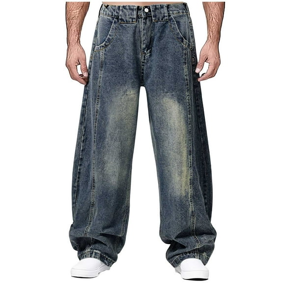 USNSM Men's Baggy Jeans Y2K Vintage Wide Leg Denim Pants Hip Hop Skater Jeans Loose Fit Trousers Casual Trendy Streetwear Blue XXXXL