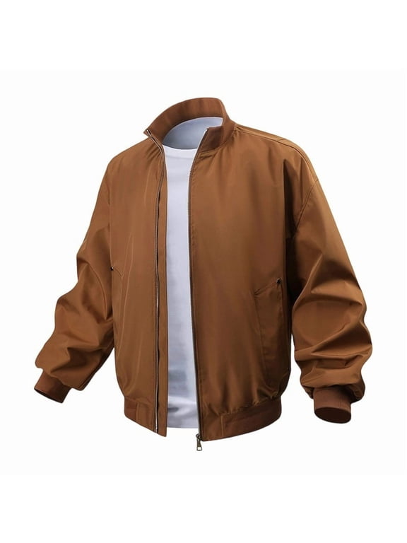 Men's Bomber Jacket Fashion Stylish Lightweight Windbreaker Casual Solid Color Stand Up Collar Jackets for Men Brown XXXL