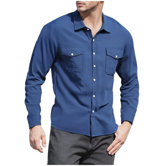 USNSM Men's Business Work Shirts Casual Solid Color Long Sleeve Lapel Button Down Shacket Jackets with 2 Flap Pocket Blue XXXL