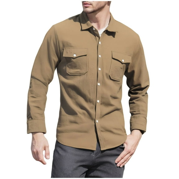 USNSM Men's Business Work Shirts Casual Solid Color Long Sleeve Lapel Button Down Shacket Jackets with 2 Flap Pocket Brown S