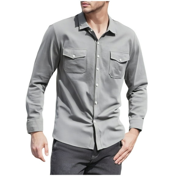 USNSM Men's Business Work Shirts Casual Solid Color Long Sleeve Lapel Button Down Shacket Jackets with 2 Flap Pocket Gray S
