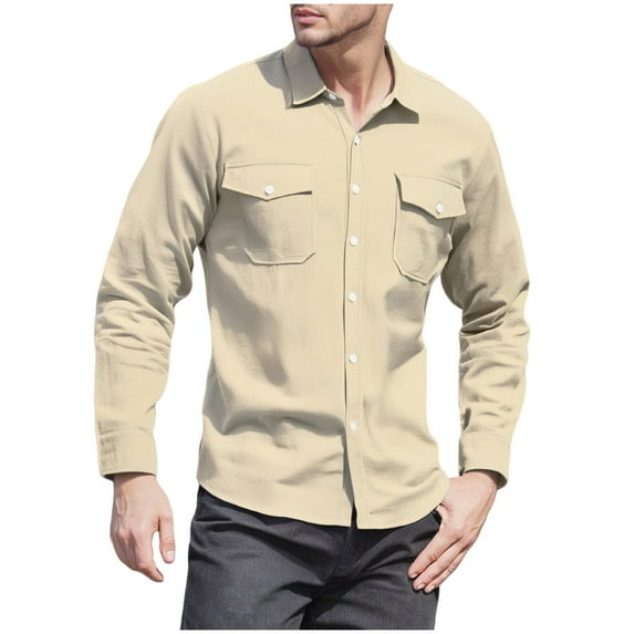 USNSM Men's Business Work Shirts Casual Solid Color Long Sleeve Lapel Button Down Shacket Jackets with 2 Flap Pocket Yellow M
