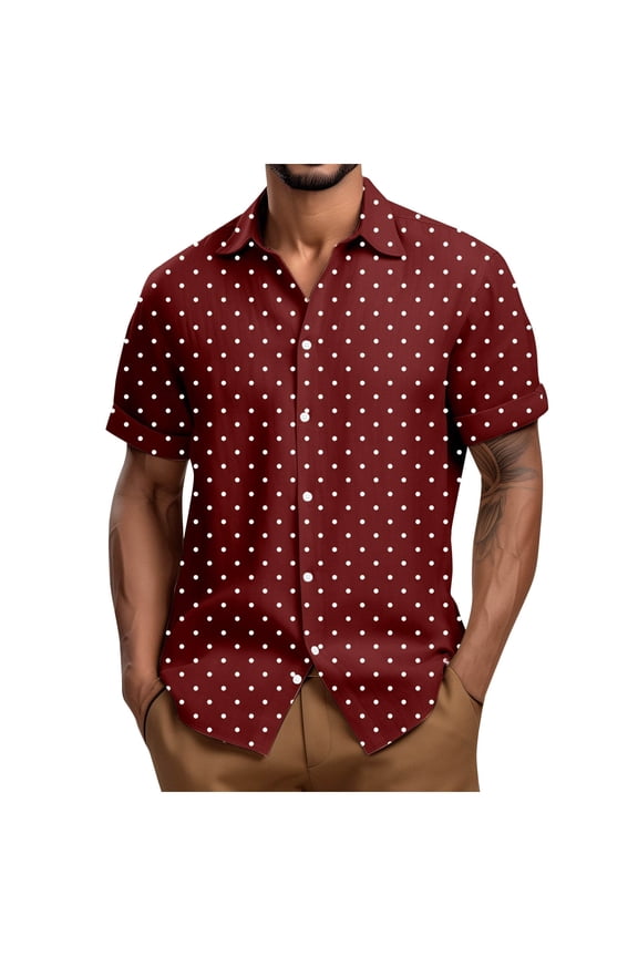 Men's Button Down Shirt Dots Print Short Sleeve Casual Shirt Comfort Breathable Summer Business Casual Dress Shirts Red XL