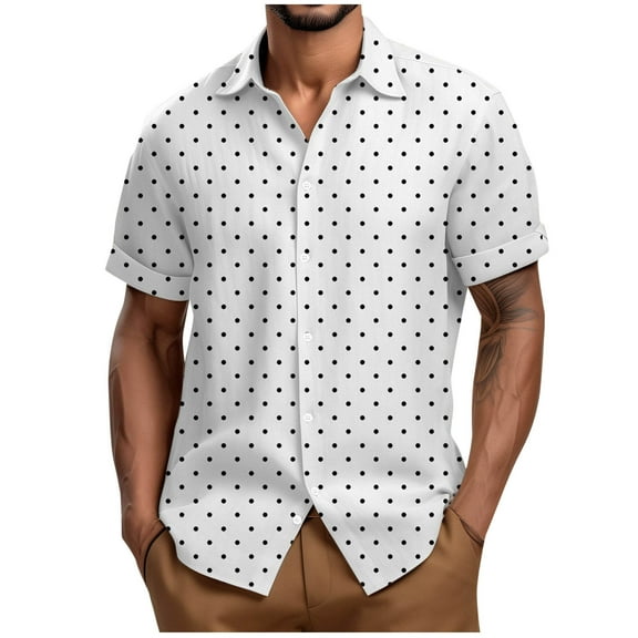 USNSM Men's Button Down Shirt Dots Print Short Sleeve Casual Shirt Comfort Breathable Summer Business Casual Dress Shirts White M