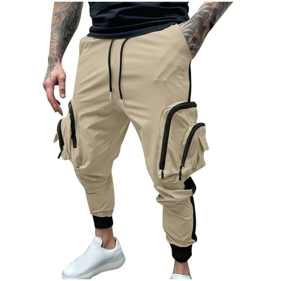 USNSM Men's Cargo Pants Casual Outdoor Stretchy Multi Pockets Cropped Pants Drawstring Elastic Waist Tapered Trousers Khaki L