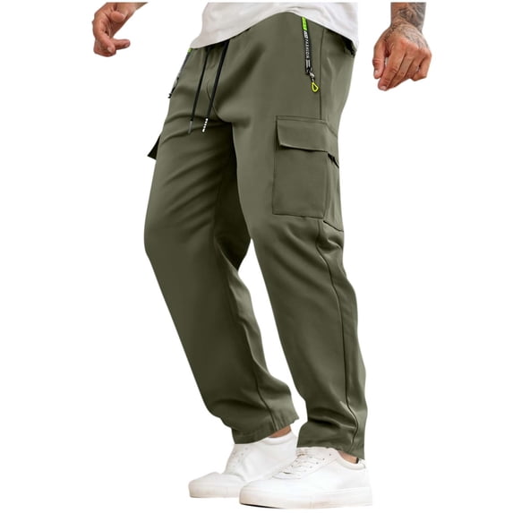 USNSM Men's Cargo Pants Elastic Waist Drawstring Straight Leg Pants Outdoor Lightweight Hiking Trousers with Zipper Pockets Green M