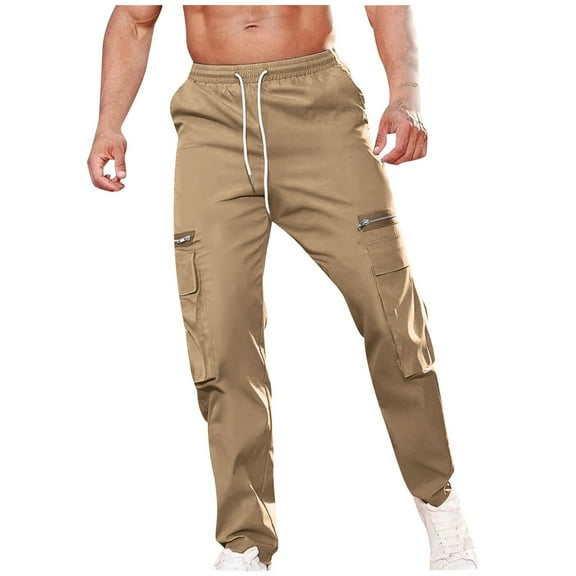 USNSM Men's Cargp Pants Casual Outdoor Slim Fit Long Trouser Drawstring Elastic Waist Straight Leg Jogger with Pockets Khaki L