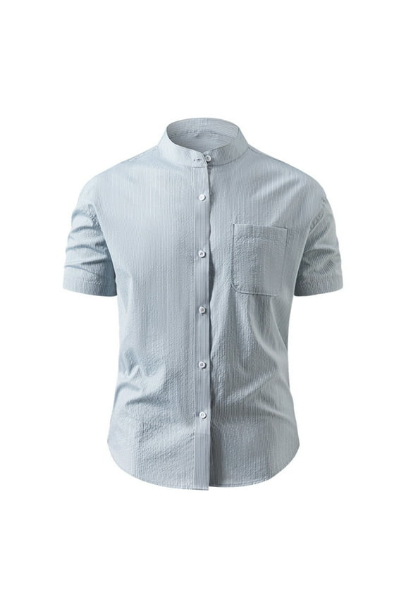 Men's Casual Button Down Shirts Short Sleeve Band Collar Shirts Cotton Linen Mens Henley Shirt with Pocket Gray XXL