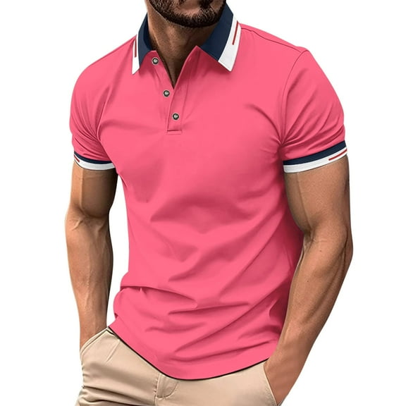 USNSM Men's Casual Button Up Short Sleeved Shirts Summer Casual Slim Fit Basic Designed Cotton Shirt Tops Pink XXL