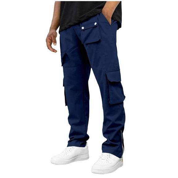 USNSM Men's Casual Cargo Pants Solid Color Elastic Waist Straight Leg Workout Pants Outdoor Hiking Trousers with Multi Pockets Blue XL