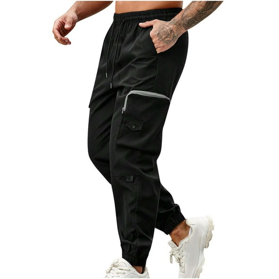 USNSM Men's Casual Cargo Pants Workout Joggers Stretch Sweatpants Hiking Drawstring Legging Pants with Multi Pockets Black XXL