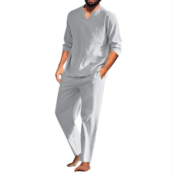 USNSM Men's Casual Cotton Linen T-Shirt&Pants 2 PC Sets V-Neck Long Sleeve Pullover Shirt & Lace-Up Elastic Waist Straight Leg Long Trouser Homewear Suits Beach Vacation Outfit Gray XL