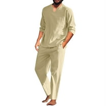 USNSM Men's Casual Cotton Linen T-Shirt&Pants 2 PC Sets V-Neck Long Sleeve Pullover Shirt & Lace-Up Elastic Waist Straight Leg Long Trouser Homewear Suits Beach Vacation Outfit Beige XL