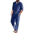 thumbnail image 1 of USNSM Men's Casual Cotton Linen T-Shirt&Pants 2 PC Sets V-Neck Long Sleeve Pullover Shirt & Lace-Up Elastic Waist Straight Leg Long Trouser Homewear Suits Beach Vacation Outfit Blue S, 1 of 9